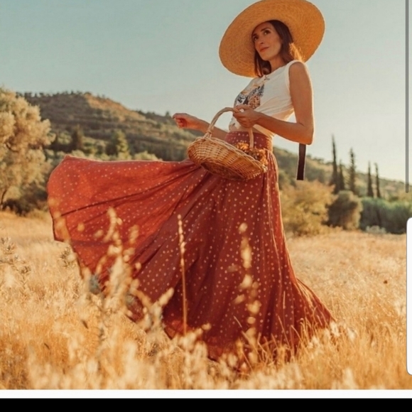 Anthropologie Dresses & Skirts - Anthropologie Rust Orange Metallic Layered Cotton/Linen Blend Maxi Skirt Large